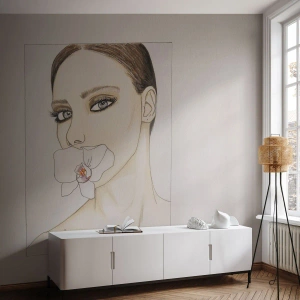Fototapete Premium Sand - Eine Frau mit einer Orchidee im Mund in einer minimalistischen Skizze. - 100x70cm - Ein Symbol für Eleganz und Schönheit - Moderne Wanddekoration für Wohnzimmer und Schlafzimmer ARTTOR