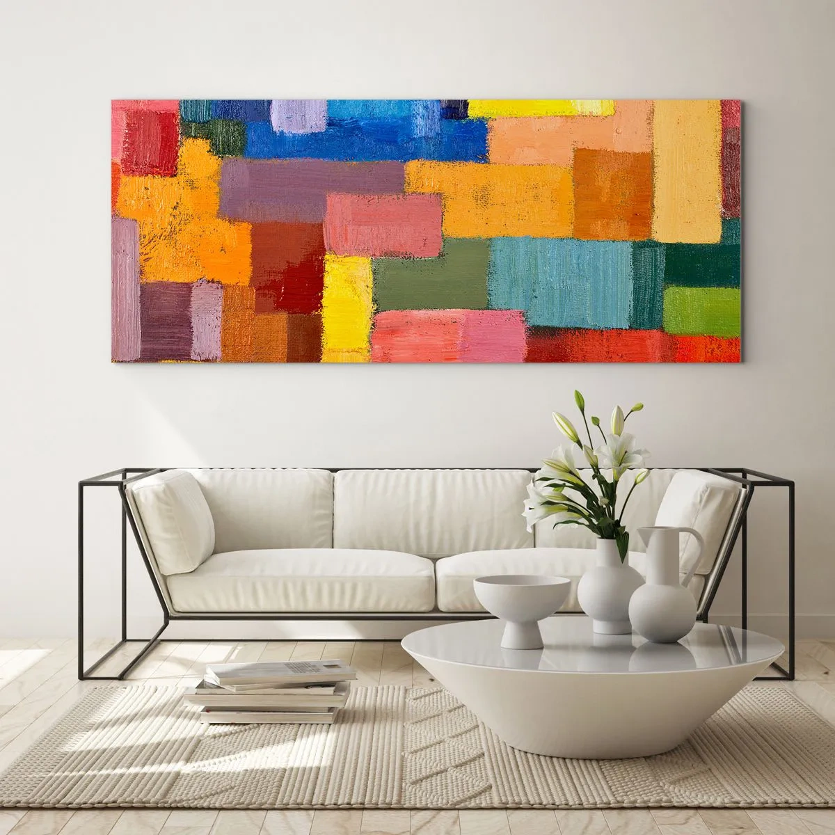 Glasbild - Bild auf glas - Bunte abstrakte Rechtecke in verschiedenen Farbtönen - 140x50cm - Jeder ist anders, alle bunt - Moderne Wanddekoration für Wohnzimmer und Schlafzimmer ARTTOR