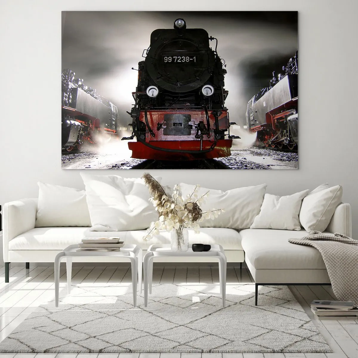 Glasbild - Bild auf glas - Eine Dampflokomotive umgeben von Dampf und Licht - 120x80cm - Er steht und keucht, seufzt und pustet - Moderne Wanddekoration für Wohnzimmer und Schlafzimmer ARTTOR