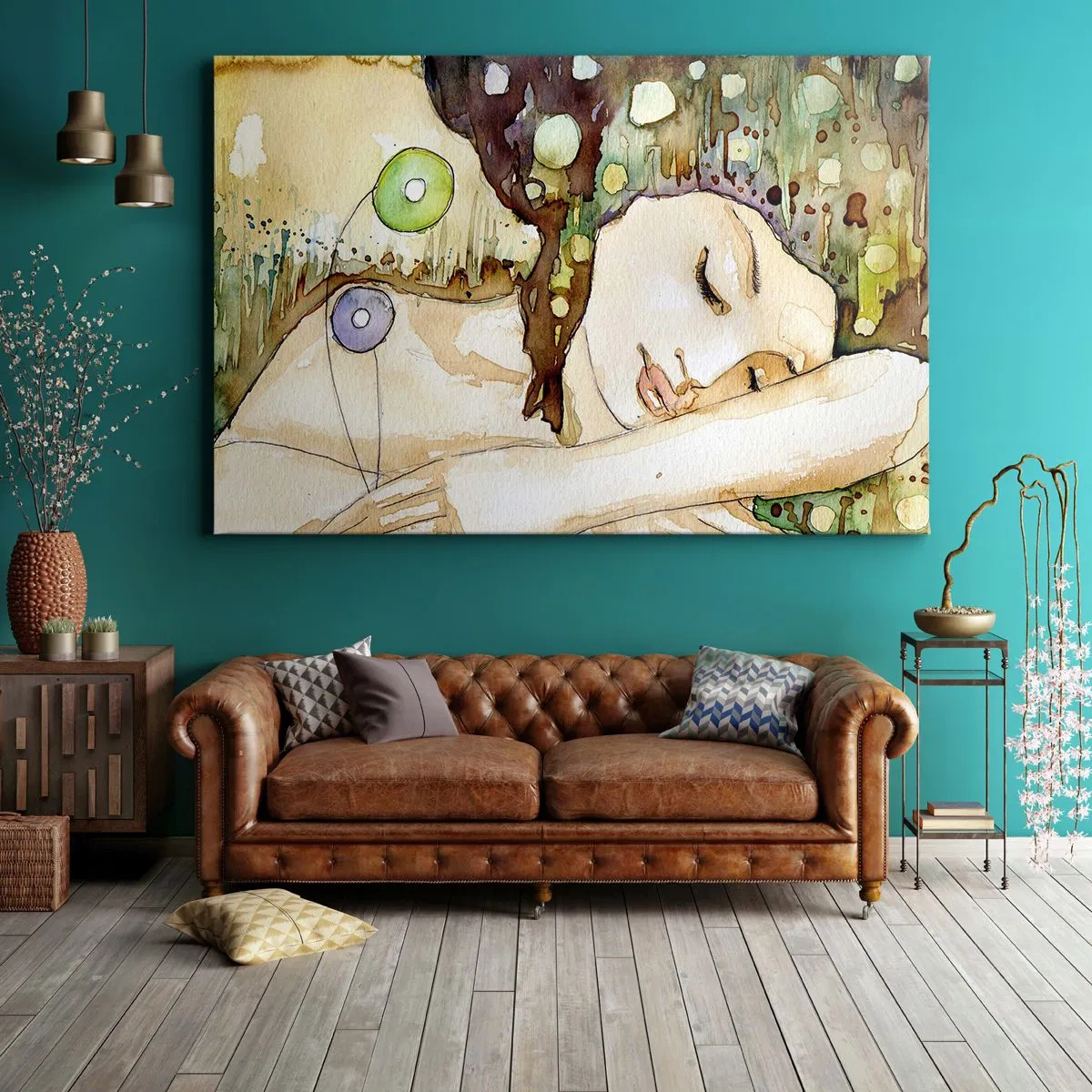 Bild auf Leinwand - Leinwandbild - Eine träumende Frau, umgeben von abstrakten Formen und Farben. - 120x80cm - Ein smaragd-violetter Traum - Moderne Wanddekoration für Wohnzimmer und Schlafzimmer ARTTOR