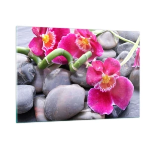 Glasbild - Bild auf glas - Rosa Orchideen mit Bambus auf Steinen - 120x80cm - Kühlen und erhitzen - Moderne Wanddekoration für Wohnzimmer und Schlafzimmer ARTTOR