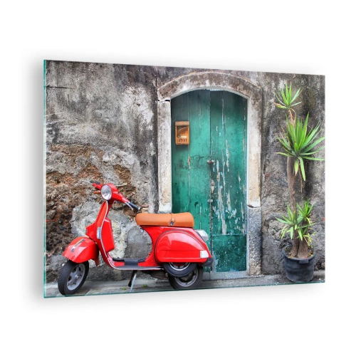 Glasbild - Bild auf glas - Roter Roller vor einer grünen Tür - 70x50cm - Italienischer Urlaub - Moderne Wanddekoration für Wohnzimmer und Schlafzimmer ARTTOR