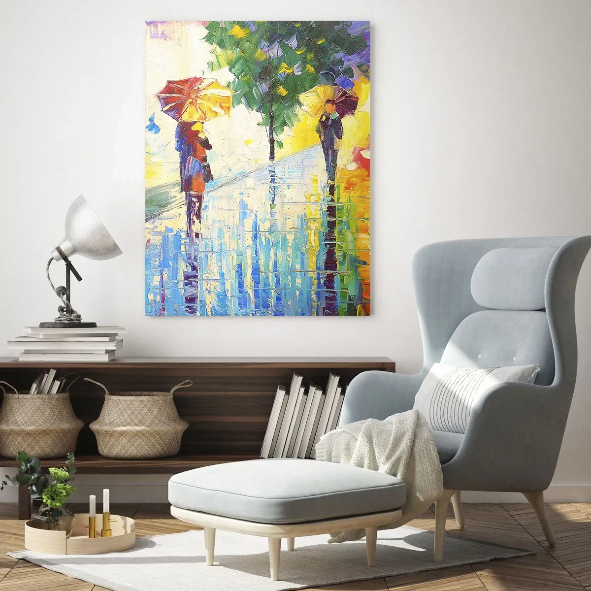 Glasbild - Bild auf glas - Ein farbenfroher Spaziergang im Regen mit einem Regenschirm im impressionistischen Stil - 50x70cm - Und alles klar - Moderne Wanddekoration für Wohnzimmer und Schlafzimmer ARTTOR
