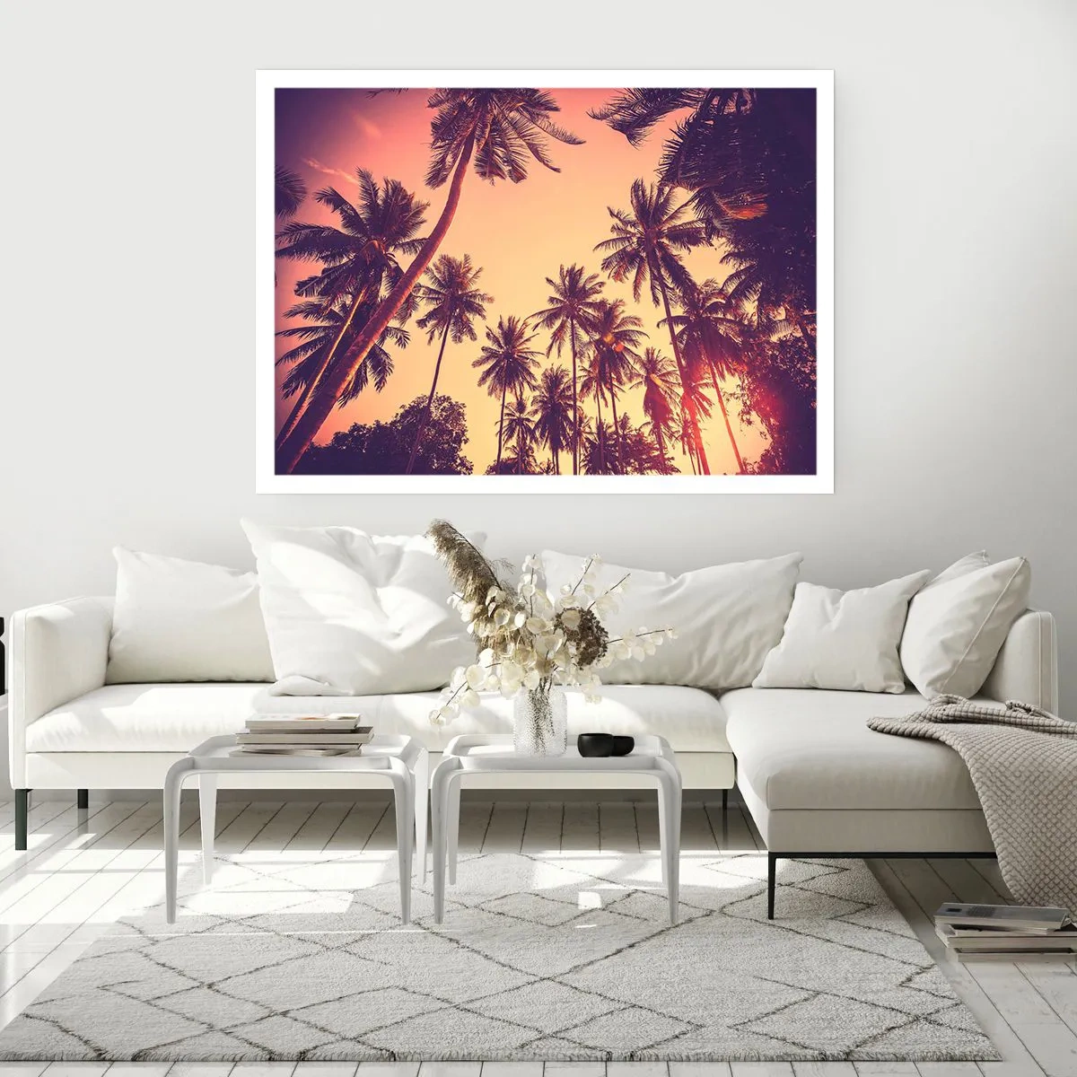 Poster - Palmen vor dem Himmel mit warmen Sonnenuntergangsfarben - 100x70cm - Tropische Variante - Moderne Wanddekoration für Wohnzimmer und Schlafzimmer ARTTOR