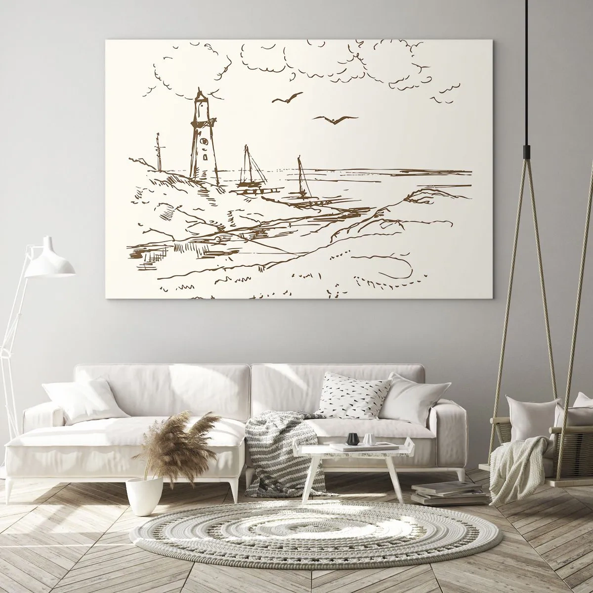 Glasbild - Bild auf glas - Skizze eines Leuchtturms in einer Küstenlandschaft - 70x50cm - Ein Überblick über die Erinnerungen an den Sommer - Moderne Wanddekoration für Wohnzimmer und Schlafzimmer ARTTOR