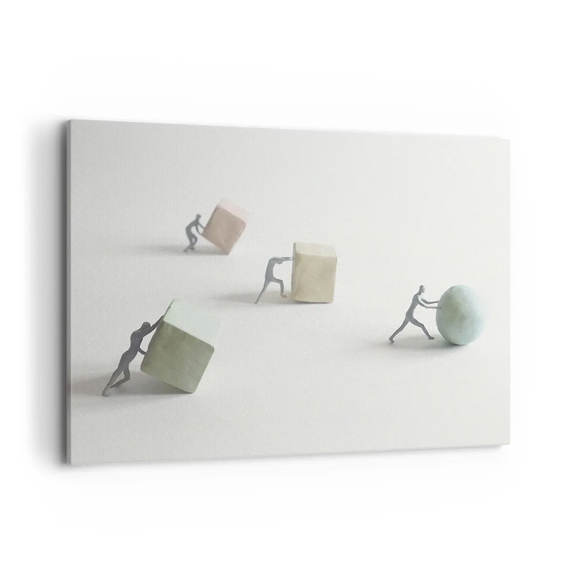 Bild auf Leinwand - Leinwandbild - Miniaturfiguren, die Formen vor einem hellen Hintergrund schieben - 100x70cm - Pures Leben - Moderne Wanddekoration für Wohnzimmer und Schlafzimmer ARTTOR