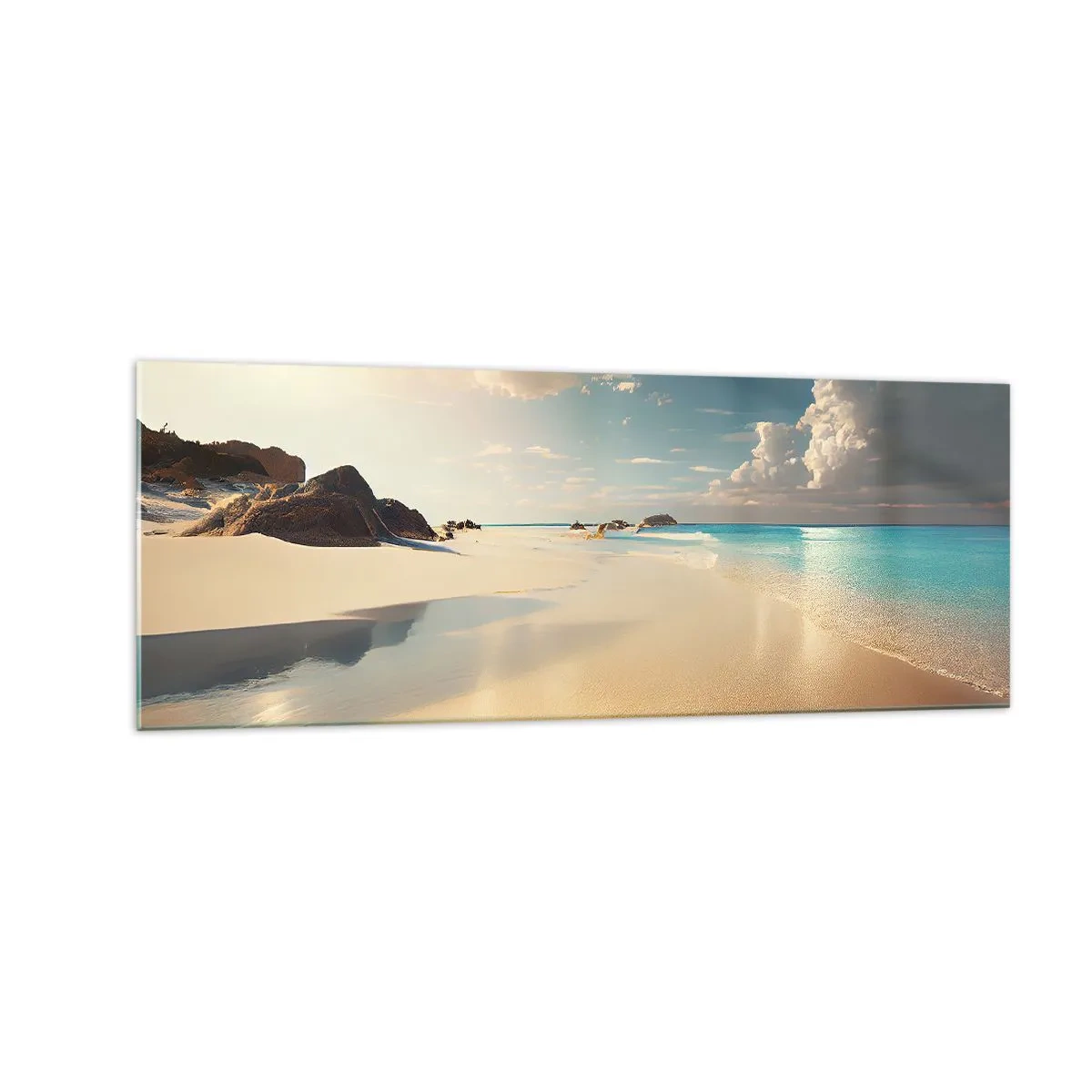 Glasbild - Bild auf glas - Ein sonniger Strand mit blauem Meer und Felsen - 140x50cm - Erträumter Tag - Moderne Wanddekoration für Wohnzimmer und Schlafzimmer ARTTOR