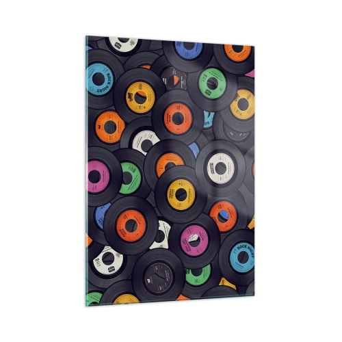 Glasbild - Bild auf glas - Bunte Vinyl-Schallplatten auf schwarzem Hintergrund - 50x70cm - Farben der Klassiker - Moderne Wanddekoration für Wohnzimmer und Schlafzimmer ARTTOR