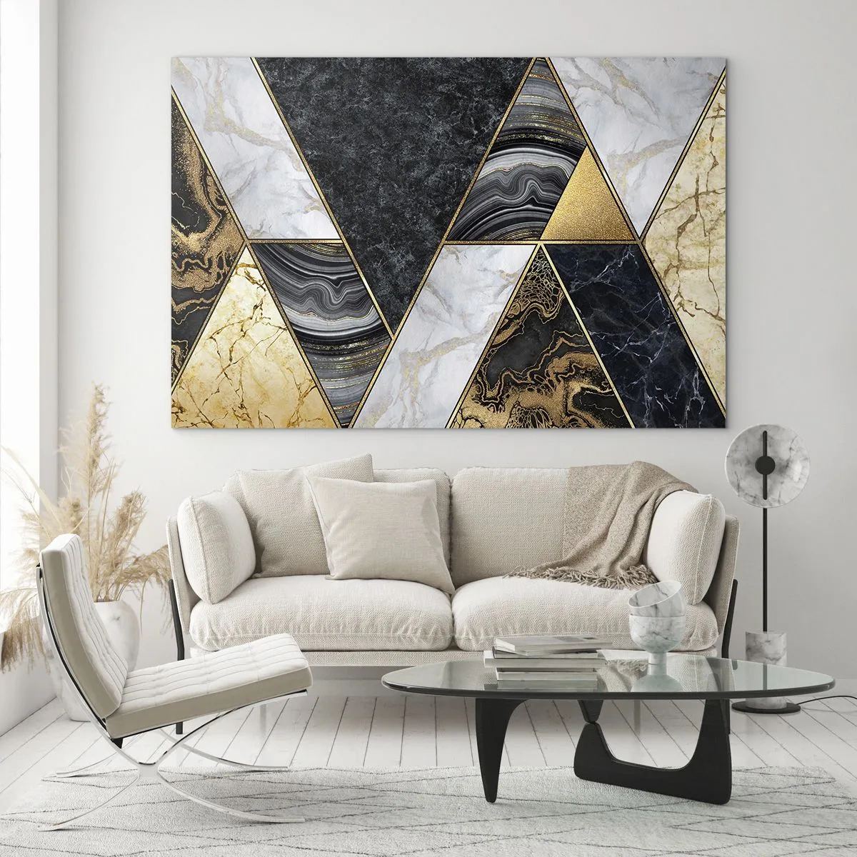 Glasbild - Bild auf glas - Geometrisches Muster aus Marmor und goldenen Dreiecken - 70x50cm - Stein um Stein - Moderne Wanddekoration für Wohnzimmer und Schlafzimmer ARTTOR