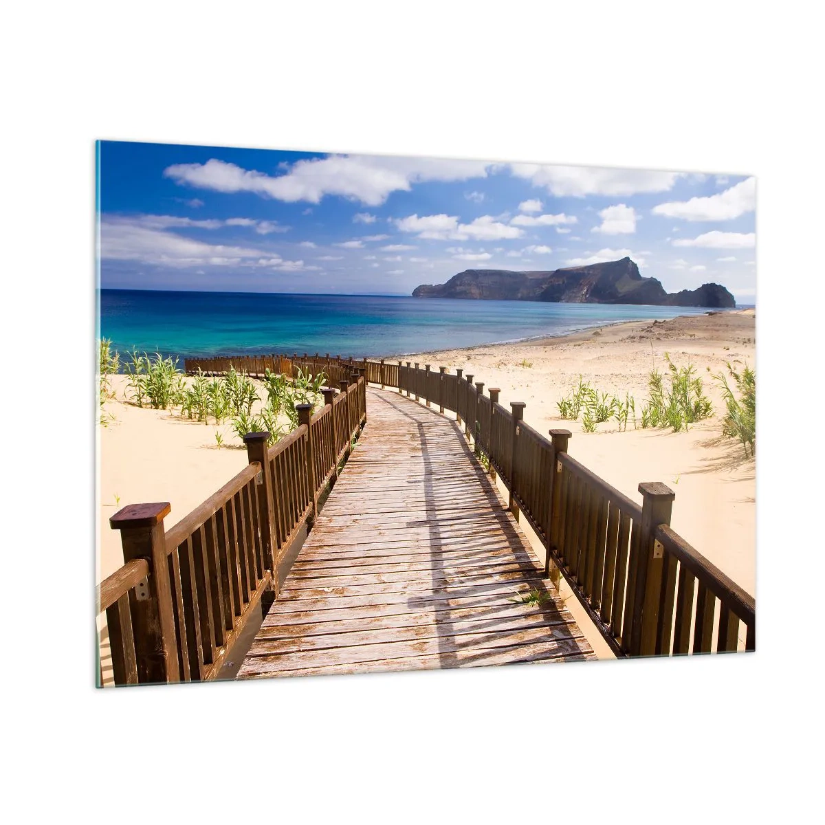 Glasbild - Bild auf glas - Holzweg am Strand, der zum Meer führt - 100x70cm - Bring mich zu den glücklichen Inseln - Moderne Wanddekoration für Wohnzimmer und Schlafzimmer ARTTOR