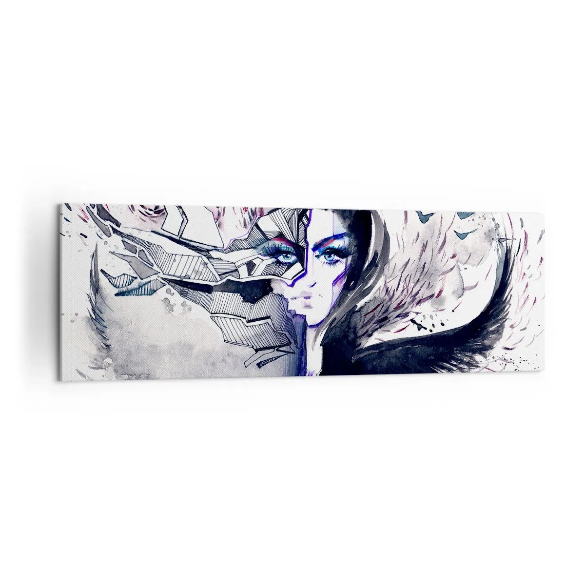 Bild auf Leinwand - Leinwandbild - Abstraktes Gesicht mit kontrastierenden Elementen und einem Flügelmotiv - 160x50cm - Dämonisch und schön - Moderne Wanddekoration für Wohnzimmer und Schlafzimmer ARTTOR
