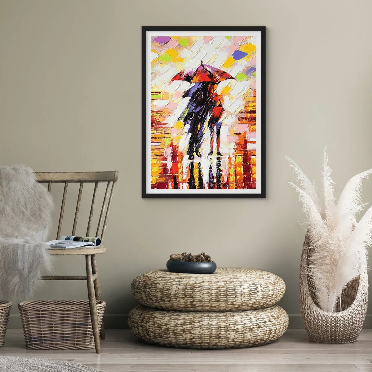 Poster in einem schwarzem Rahmen - Ein Paar unter einem Regenschirm in einer farbenfrohen Abstraktion - 50x70cm - Gemeinsam durch die Nacht und den Regen - Moderne Wanddekoration für Wohnzimmer und Schlafzimmer ARTTOR