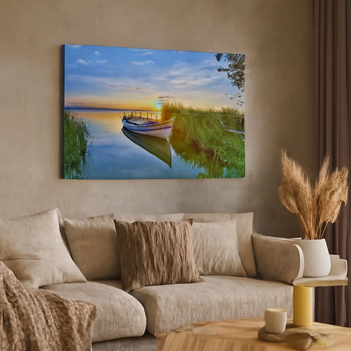 Bild auf Leinwand - Leinwandbild - Ein Boot in einer ruhigen Bucht bei Sonnenuntergang - 70x50cm - Bucht erfüllter Träume - Moderne Wanddekoration für Wohnzimmer und Schlafzimmer ARTTOR