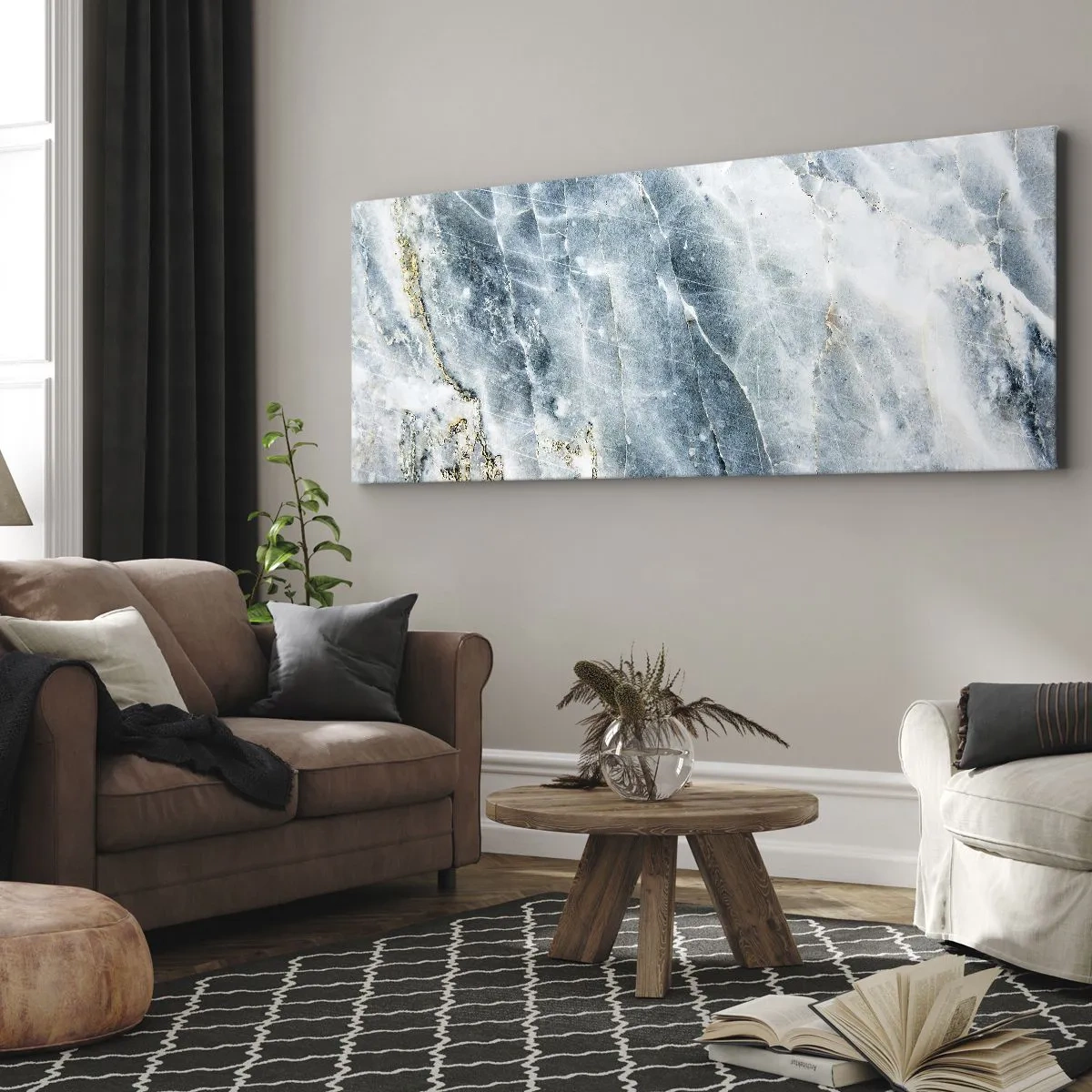 Bild auf Leinwand - Leinwandbild - Marmorstruktur in Blau- und Weißtönen - 140x50cm - Eiswelt - Moderne Wanddekoration für Wohnzimmer und Schlafzimmer ARTTOR