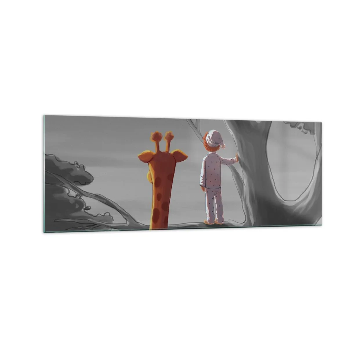 Glasbild - Bild auf glas - Ein Kind und eine Giraffe auf einem Ast in einer Märchenlandschaft - 140x50cm - Das passiert wirklich - Moderne Wanddekoration für Wohnzimmer und Schlafzimmer ARTTOR