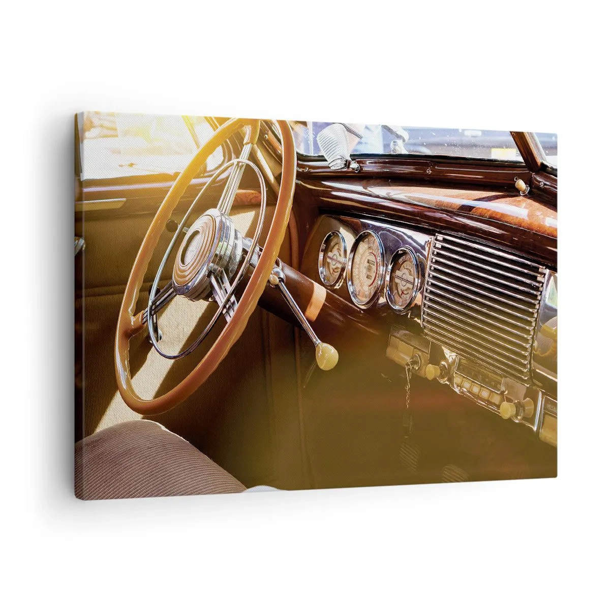 Bild auf Leinwand - Leinwandbild - Nahaufnahme des Innenraums eines Oldtimers mit Holz- und Chromdetails. - 70x50cm - Ein Hauch von Luxus aus der Vergangenheit - Moderne Wanddekoration für Wohnzimmer und Schlafzimmer ARTTOR