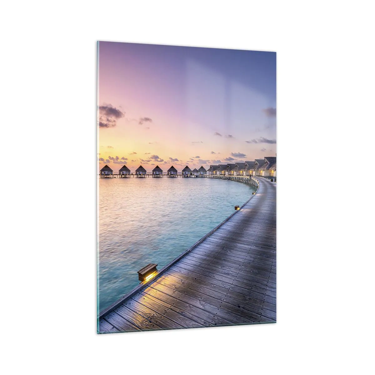 Glasbild - Bild auf glas - Der Pier, der bei Sonnenuntergang zu den Cottages am Wasser führt - 70x100cm - Urlaub - zurück zu den Quellen - Moderne Wanddekoration für Wohnzimmer und Schlafzimmer ARTTOR