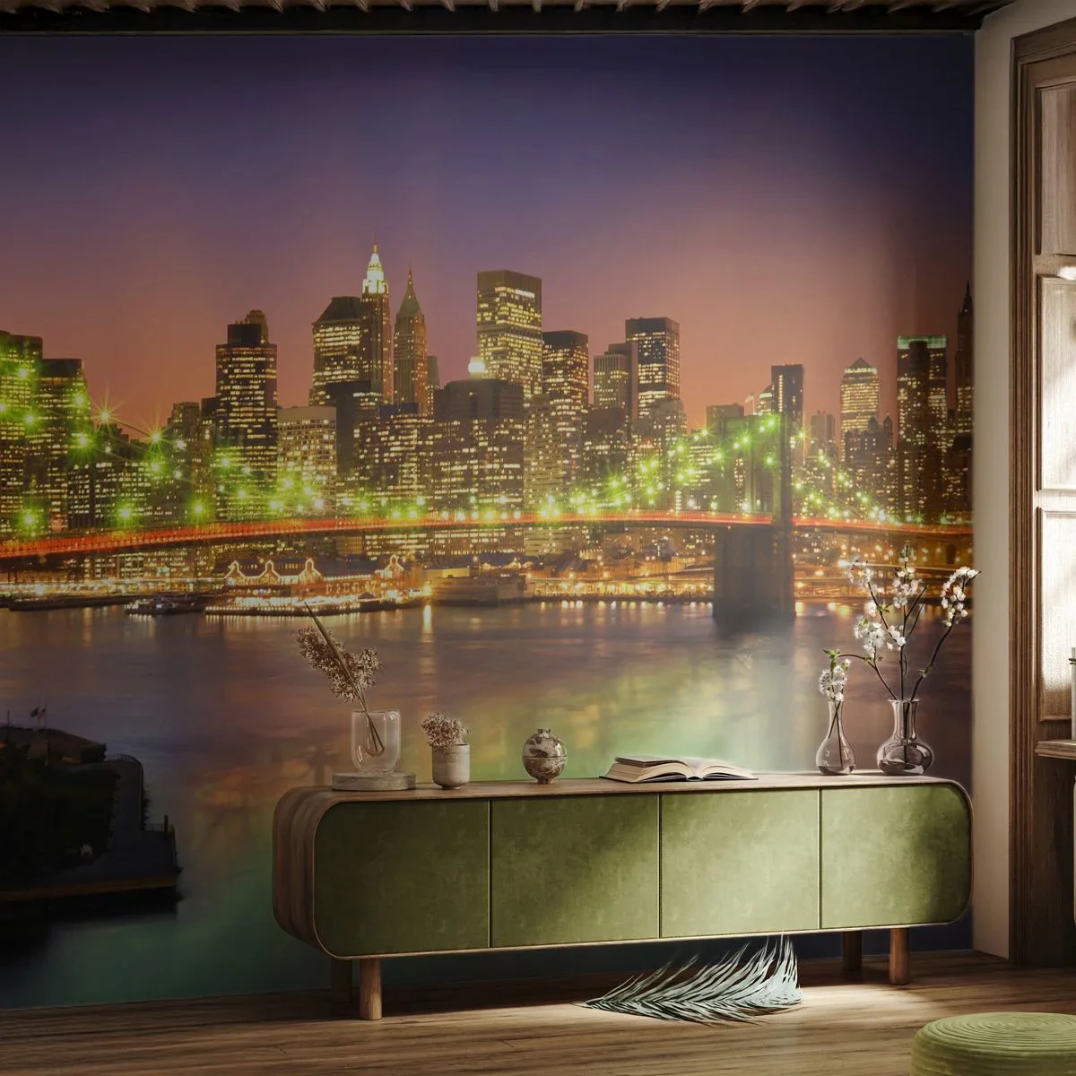 Fototapete Premium Sand - Hier geht das Licht nie aus - Stadt, New York, Brooklyn Brücke - 300x210 cm