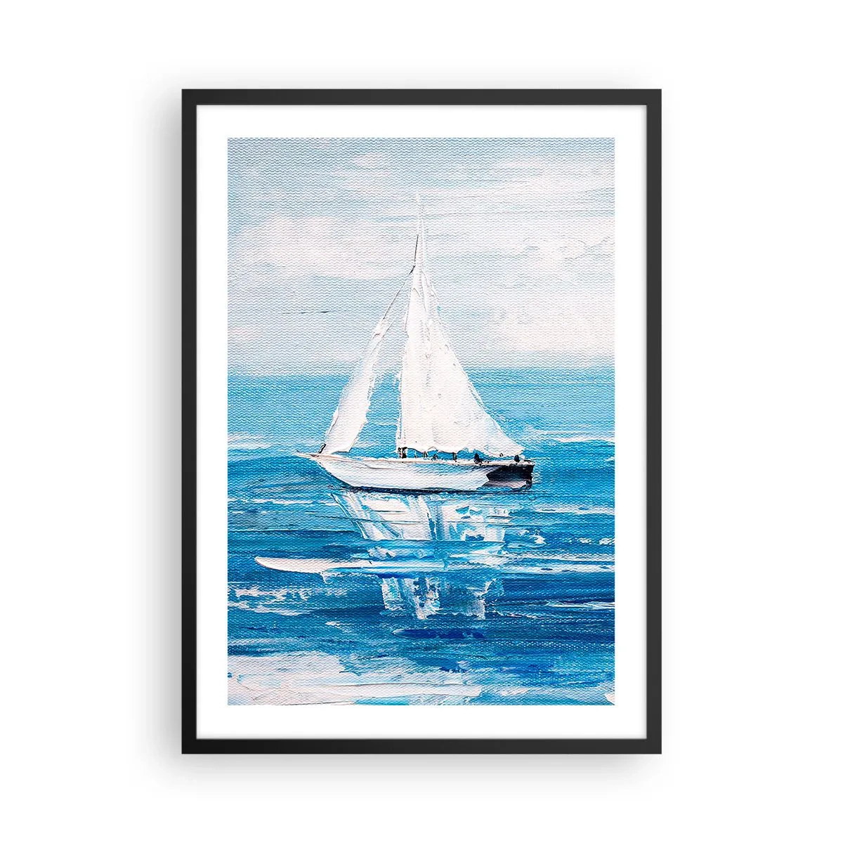 Poster in einem schwarzem Rahmen - Eine Yacht auf dem Meer in Blautönen - 50x70cm - Mit Freund an der Seite - Moderne Wanddekoration für Wohnzimmer und Schlafzimmer ARTTOR
