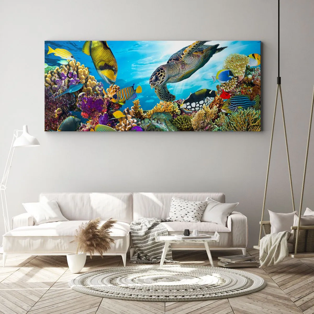 Bild auf Leinwand - Leinwandbild - Unterwasserwelt mit bunten Fischen und einer Schildkröte in den Korallen - 160x50cm - Korallenpromenade - Moderne Wanddekoration für Wohnzimmer und Schlafzimmer ARTTOR