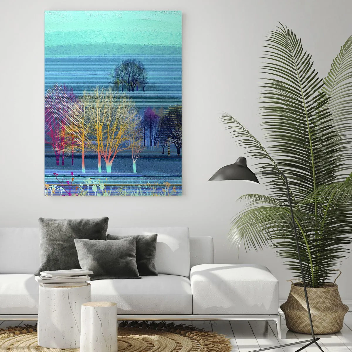 Glasbild - Bild auf glas - Bunte Bäume vor einer blauen, minimalistischen Landschaft - 80x120cm - Eine gekämmte Landschaft - Moderne Wanddekoration für Wohnzimmer und Schlafzimmer ARTTOR