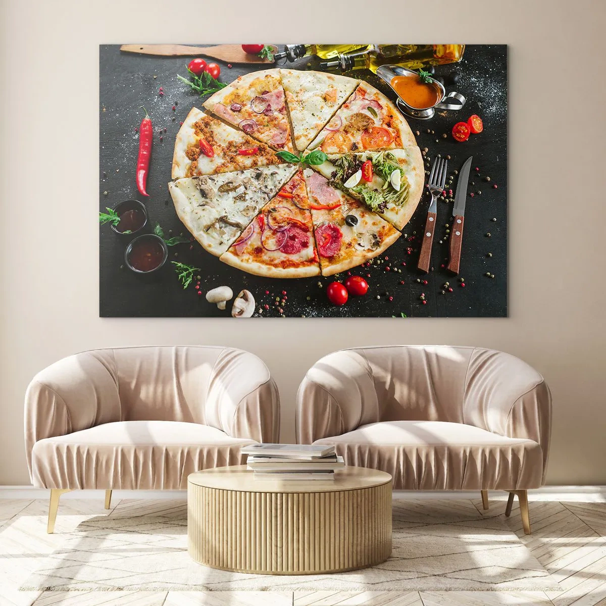 Glasbild - Bild auf glas - Pizza in verschiedenen Geschmacksrichtungen mit Belag auf dunklem Hintergrund - 100x70cm - Eine Reihe von Geschmacksrichtungen - Moderne Wanddekoration für Wohnzimmer und Schlafzimmer ARTTOR