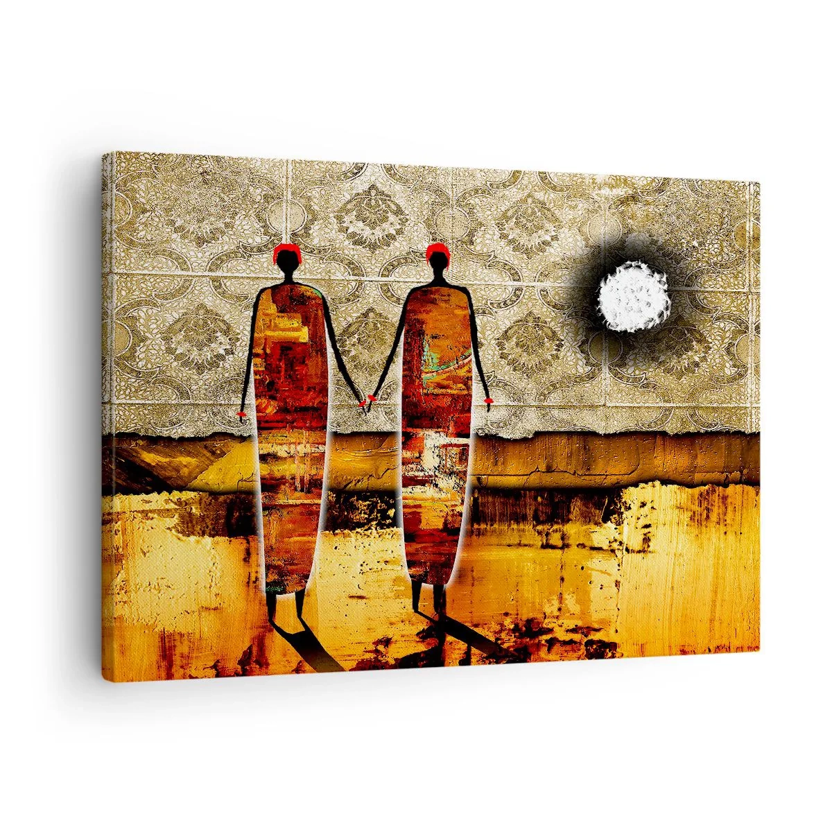 Bild auf Leinwand - Leinwandbild - Ein abstraktes Figurenpaar vor einem Hintergrund aus goldenen Mustern und einer Landschaft. - 70x50cm - Ethnische Zusammensetzung in den Farben Afrikas - Moderne Wanddekoration für Wohnzimmer und Schlafzimmer ARTTOR