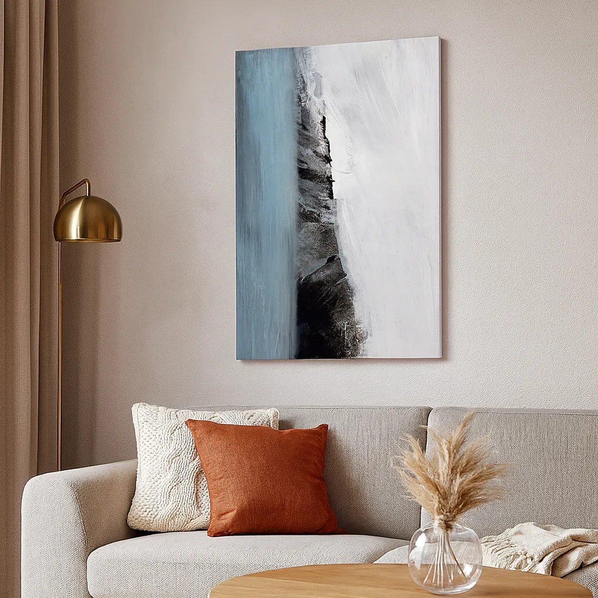 Bild auf Leinwand - Leinwandbild - Abstrakte Landschaft mit Wasser und felsigem Ufer - 50x70cm - Wasser – Erde: Kampf der Naturelemente - Moderne Wanddekoration für Wohnzimmer und Schlafzimmer ARTTOR