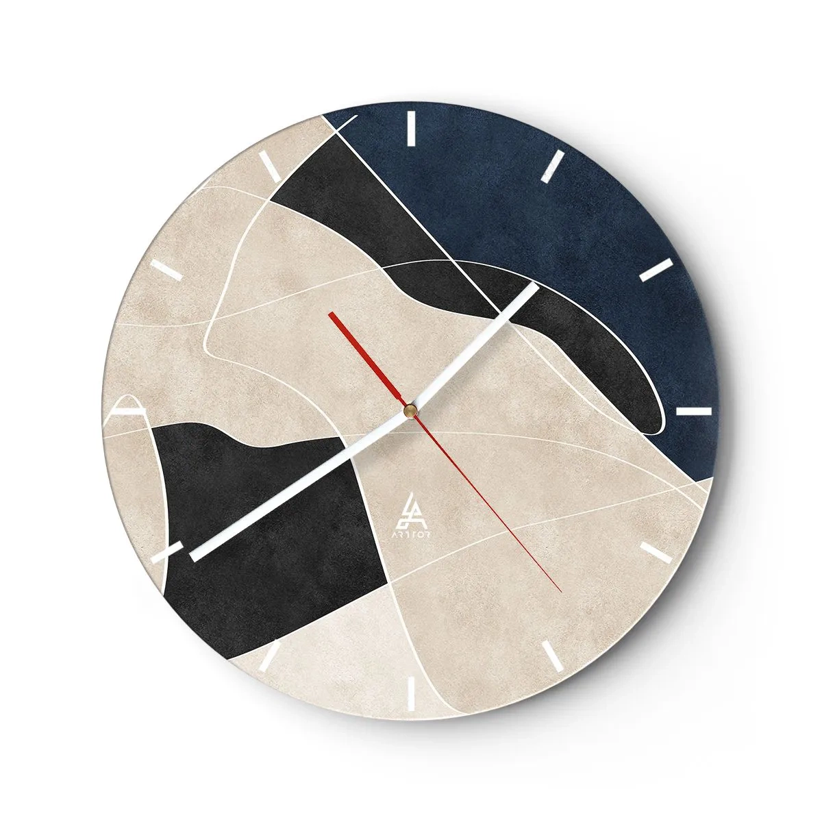 Wanduhr - Glasuhr - Minimalistische Formen in Beige, Schwarz und Marineblau mit weißer Linie - 30x30cm - Abstrakte Komposition – Farbkontrast - Moderne Wanddekoration für Wohnzimmer, Küche und Schlafzimmer ARTTOR