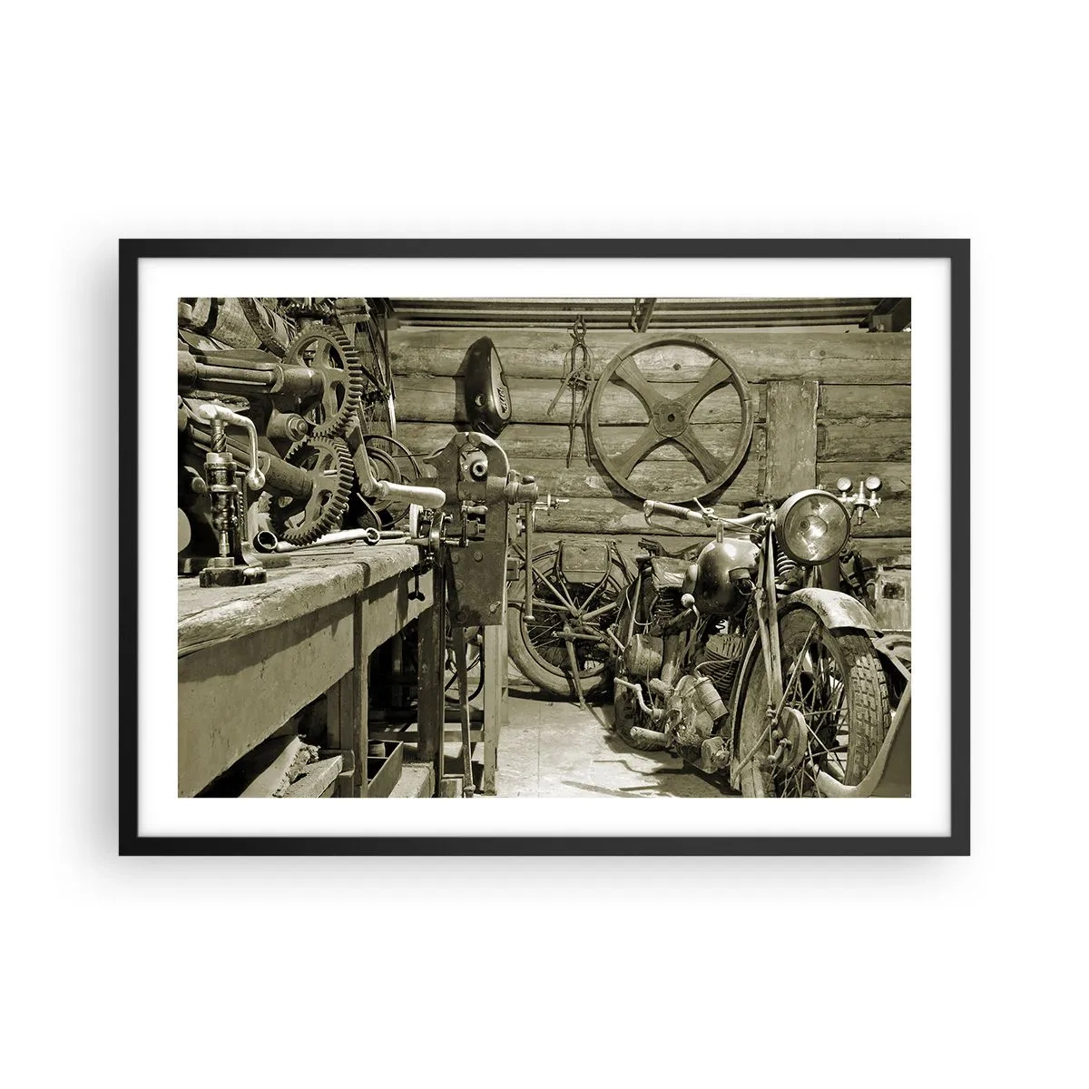 Poster in einem schwarzem Rahmen - Retro-Werkstatt mit Motorrädern und Werkzeug - 70x50cm - Im Schuppen von Onkel Władek - Moderne Wanddekoration für Wohnzimmer und Schlafzimmer ARTTOR