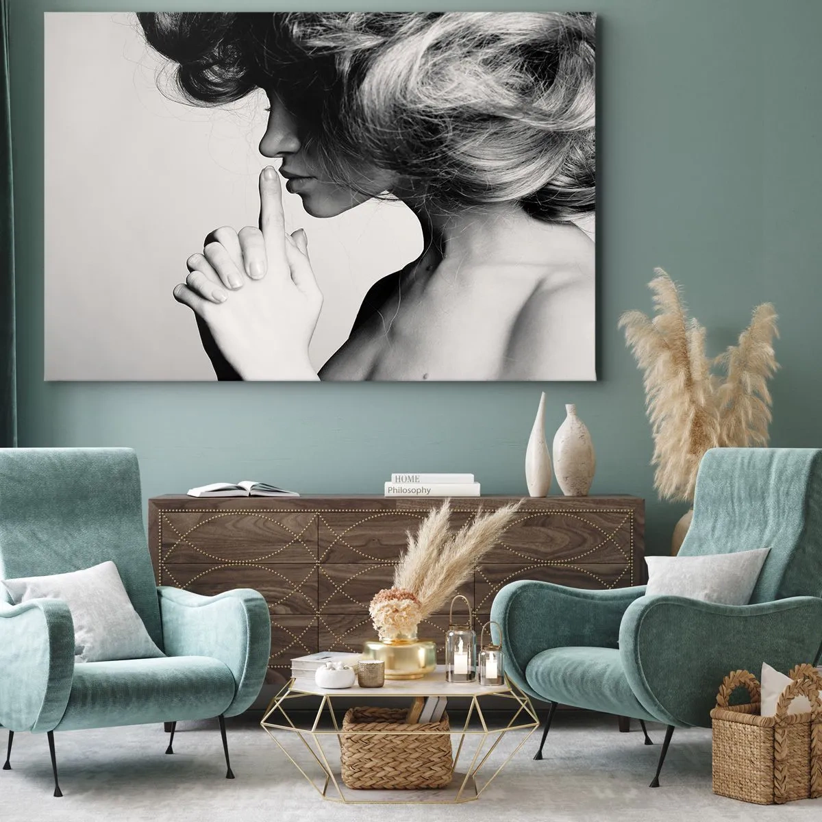Bild auf Leinwand - Leinwandbild - Schwarz-weißes Profil einer Frau, die Stille gestikuliert - 100x70cm - Auf sich selbst hören - Moderne Wanddekoration für Wohnzimmer und Schlafzimmer ARTTOR