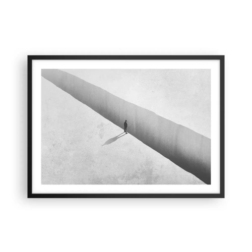 Poster in einem schwarzem Rahmen - Eine einsame Gestalt steht in einer monochromen Umgebung über einem tiefen Abgrund. - 70x50cm - Klares Ziel - Moderne Wanddekoration für Wohnzimmer und Schlafzimmer ARTTOR