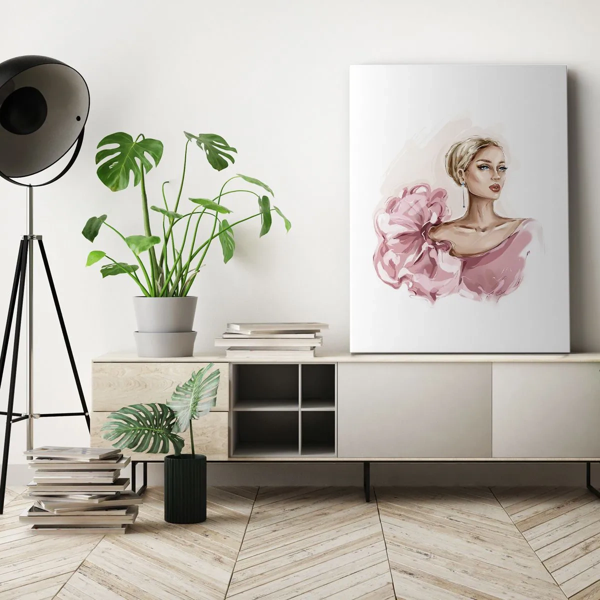 Bild auf Leinwand - Leinwandbild - Porträt einer Frau in einem rosa Kleid vor hellem Hintergrund - 50x70cm - Wie gemalt ... - Moderne Wanddekoration für Wohnzimmer und Schlafzimmer ARTTOR