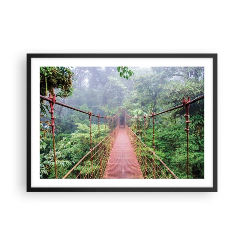 Poster in einem schwarzem Rahmen - Eine Hängebrücke in einem tropischen Dschungel, umgeben von Nebel - 70x50cm - Über den Kronen aufgehängt - Moderne Wanddekoration für Wohnzimmer und Schlafzimmer ARTTOR