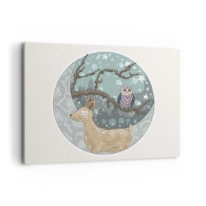 Bild auf Leinwand - Leinwandbild - Ein Reh und eine Eule in einer märchenhaften Nachtlandschaft - 100x70cm - Eine märchenhafte Waldnacht - Moderne Wanddekoration für Wohnzimmer und Schlafzimmer ARTTOR