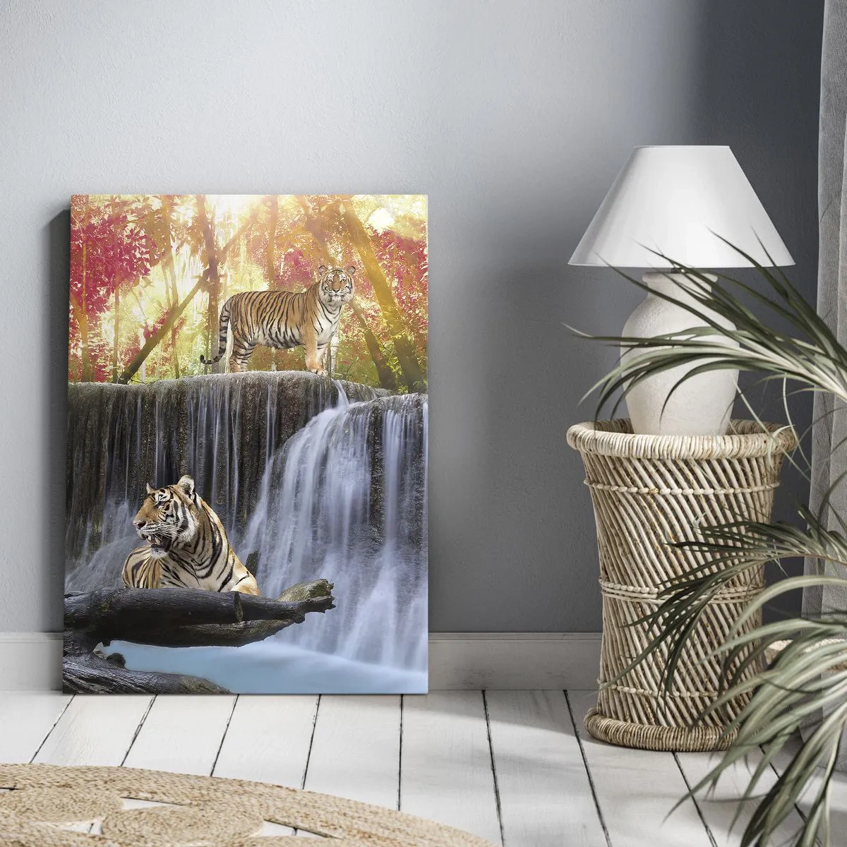 Bild auf Leinwand - Leinwandbild - Tiger an einem Wasserfall im Herbstwald - 50x70cm - Surreale Landschaft - Moderne Wanddekoration für Wohnzimmer und Schlafzimmer ARTTOR