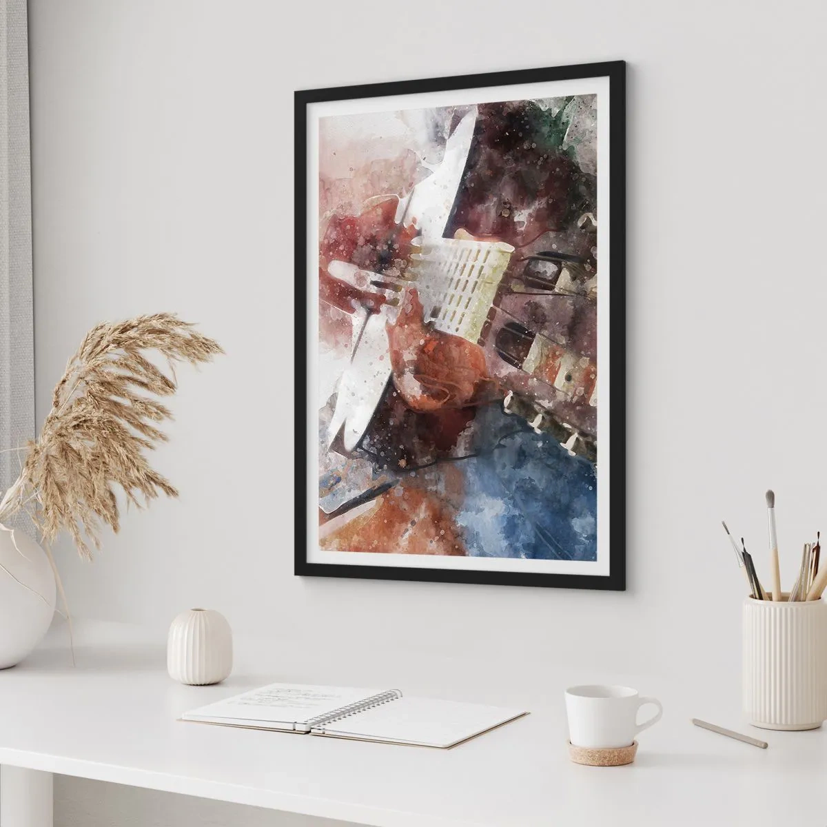 Poster in einem schwarzem Rahmen - Künstlerische Darstellung einer Gitarre im Aquarellstil - 50x70cm - Und was halten Sie davon? - Moderne Wanddekoration für Wohnzimmer und Schlafzimmer ARTTOR