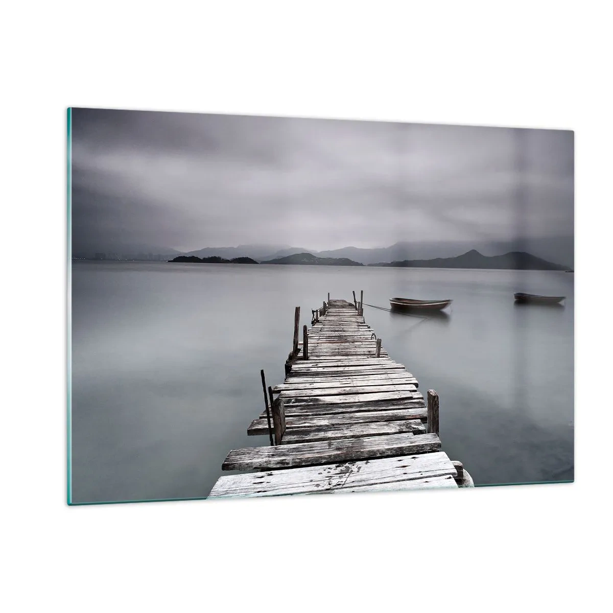 Glasbild - Bild auf glas - Ein Holzsteg auf einem See an einem nebligen Tag - 120x80cm - Du kannst morgen gehen - Moderne Wanddekoration für Wohnzimmer und Schlafzimmer ARTTOR
