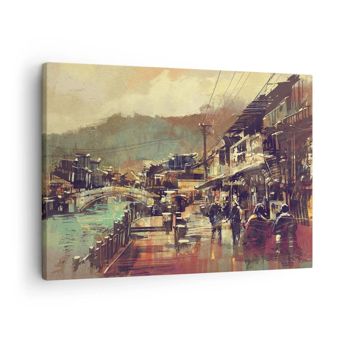 Bild auf Leinwand - Leinwandbild - Eine Stadt mit einer Brücke und kunstvoll gestalteten Straßen - 70x50cm - Das Leben als Reichtum an Grau - Moderne Wanddekoration für Wohnzimmer und Schlafzimmer ARTTOR