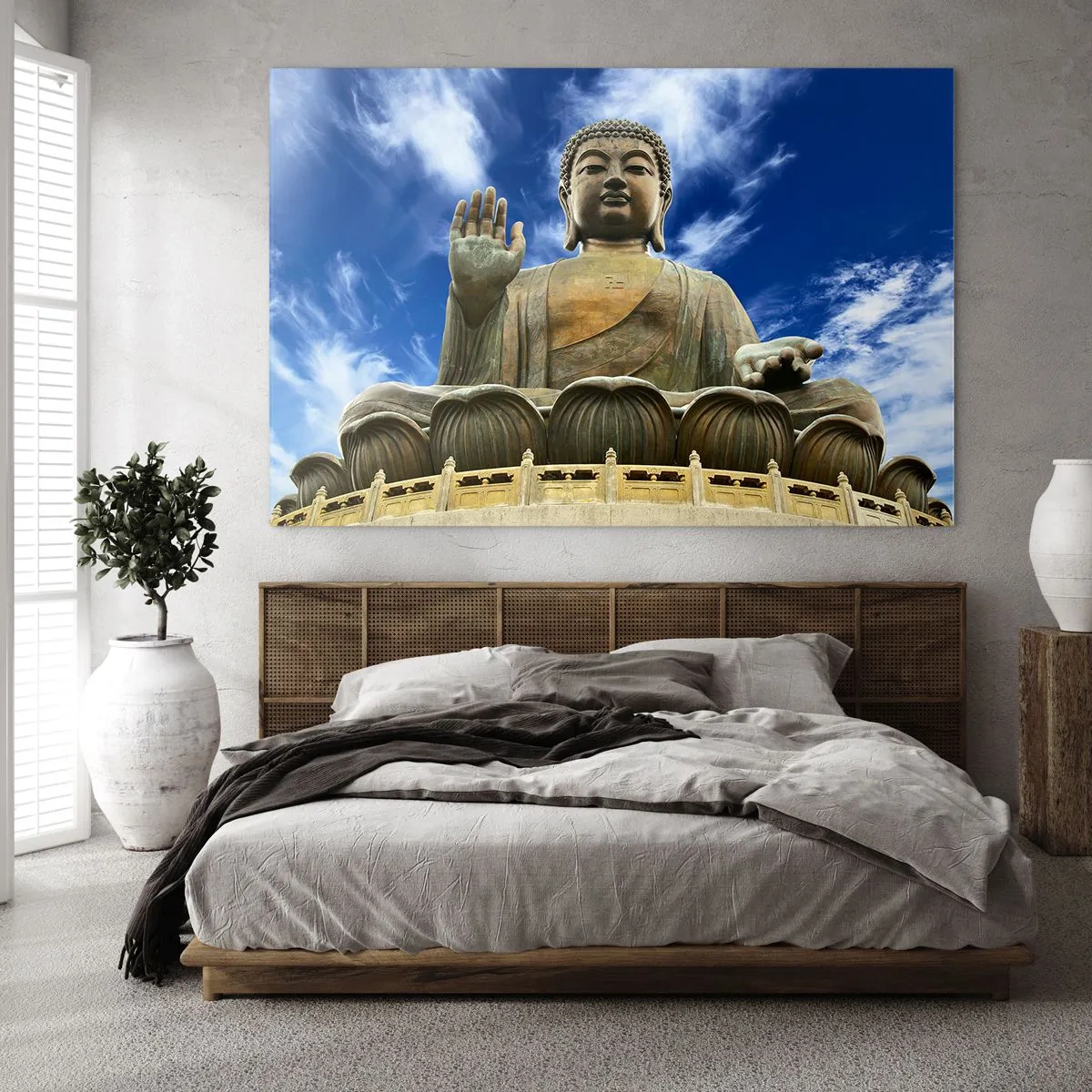 Glasbild - Bild auf glas - Eine große Buddha-Statue vor blauem Himmel - 70x50cm - Leben ohne Angst - Moderne Wanddekoration für Wohnzimmer und Schlafzimmer ARTTOR