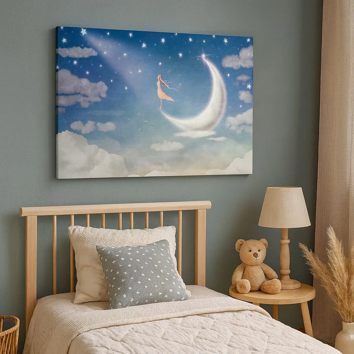 Bild auf Leinwand - Leinwandbild - Eine Frau im Mond, umgeben von Sternen und Wolken - 70x50cm - Blauer Freier - Moderne Wanddekoration für Wohnzimmer und Schlafzimmer ARTTOR