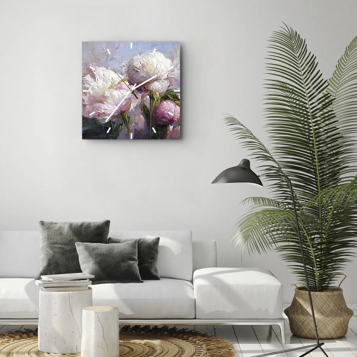 Wanduhr - Glasuhr - Romantische Pfingstrosenblüten in Pastellfarben - 30x30cm - Strauß voller Leben - Moderne Wanddekoration für Wohnzimmer und Schlafzimmer ARTTOR