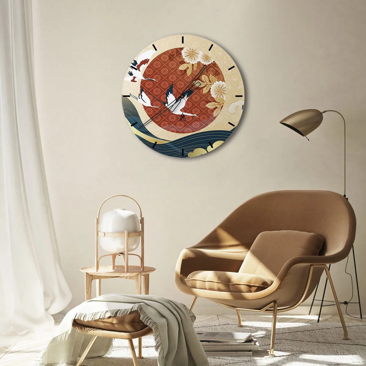 Wanduhr - Glasuhr - Japanische Kraniche vor dem Hintergrund eines roten Kreises und stilisierter Wellen. - 30x30cm - Japanisches Märchen - Moderne Wanddekoration für Wohnzimmer, Küche und Schlafzimmer ARTTOR