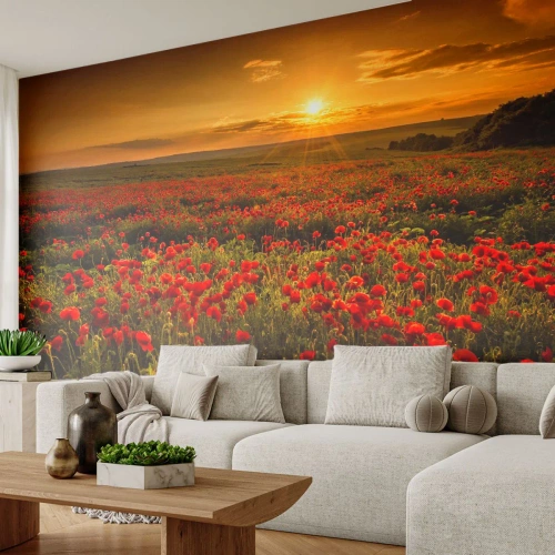 Fototapete Premium Canvas - Unter den Wellen raschelnder Wiesen, unter den Blumen der Flut - Landschaft, Blumen, Mohnblumen - 150x105 cm
