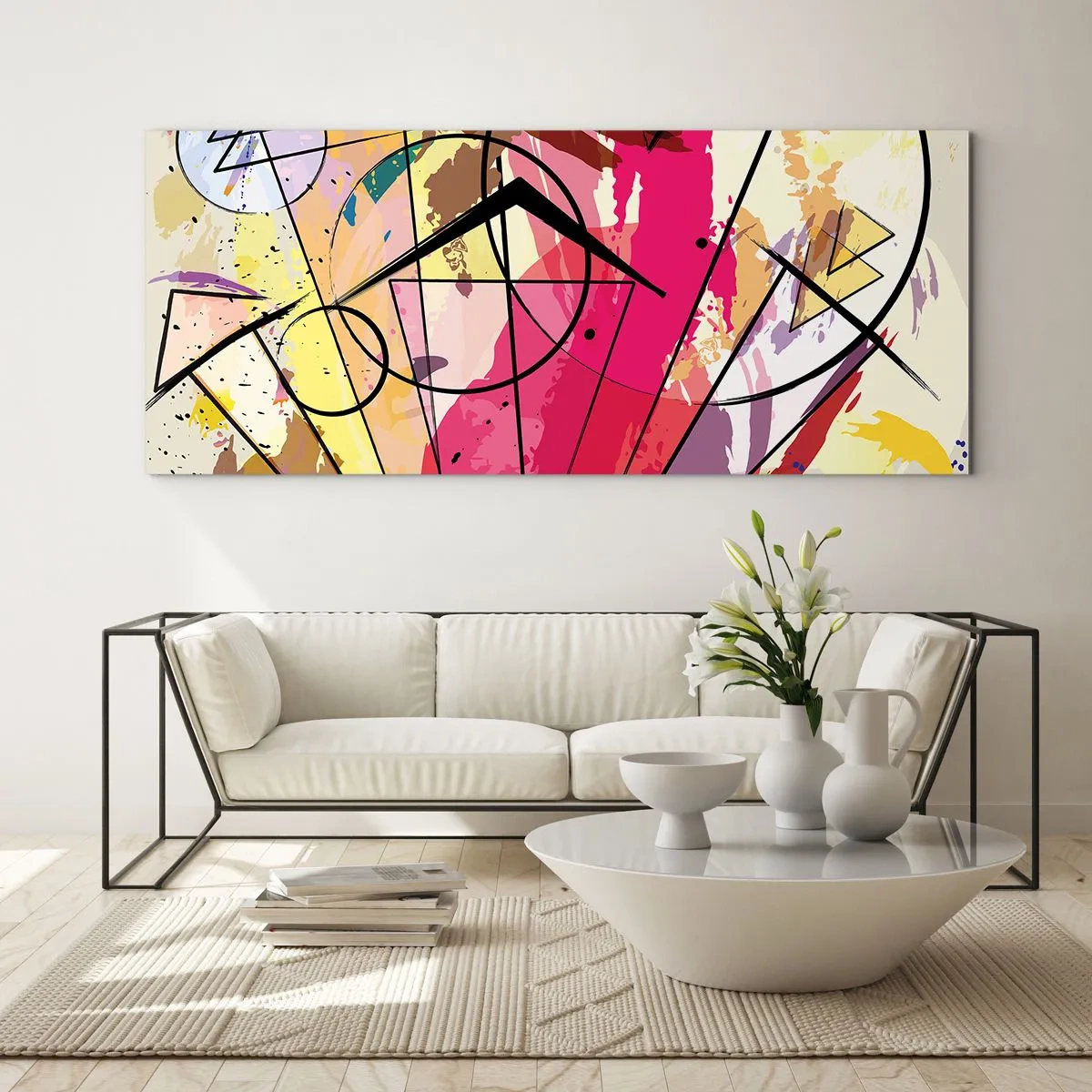 Glasbild - Bild auf glas - Abstraktion mit Linien und geometrischen Formen - 160x50cm - Explosion - Moderne Wanddekoration für Wohnzimmer und Schlafzimmer ARTTOR