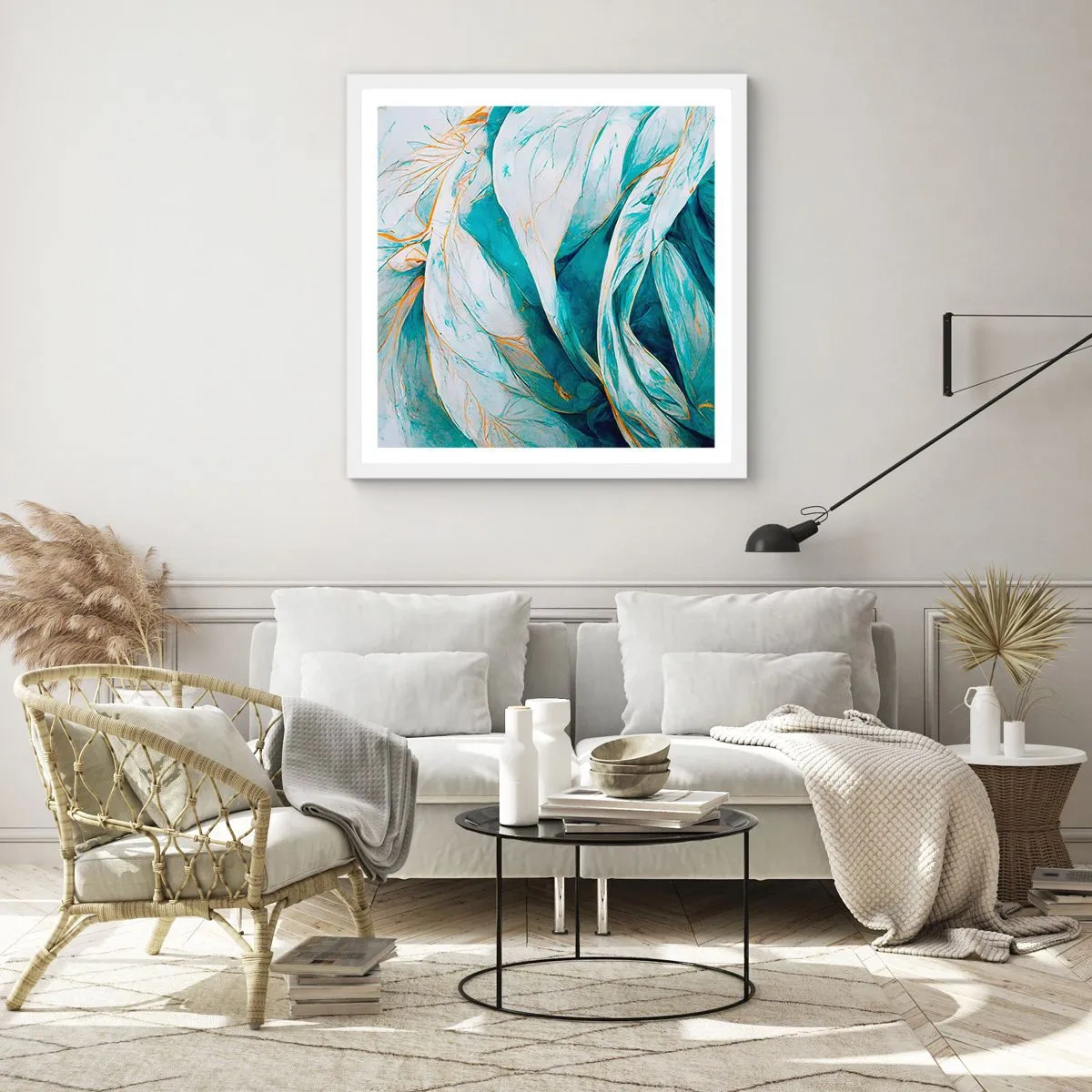 Poster in einem weißen Rahmen - Blaue Abstraktion mit goldenem Motiv - 40x40 cm