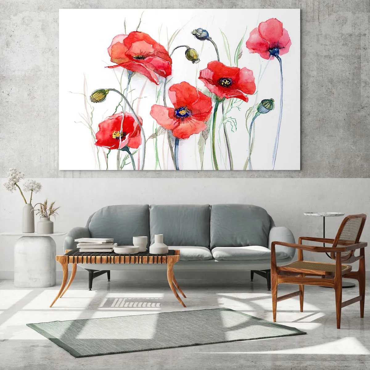 Glasbild - Bild auf glas - Aquarell rote Mohnblumen auf weißem Hintergrund - 70x50cm - Polnische Blumen - Moderne Wanddekoration für Wohnzimmer und Schlafzimmer ARTTOR