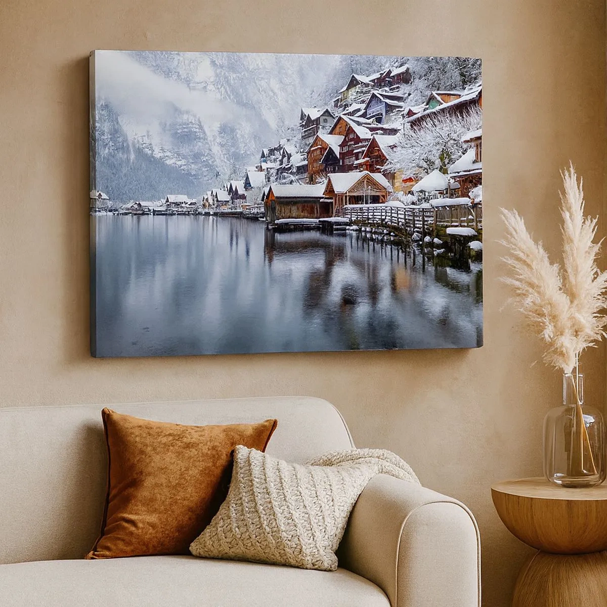 Bild auf Leinwand - Leinwandbild - Winteransicht eines Bergdorfes am See - 70x50cm - In winterlicher Dekoration - Moderne Wanddekoration für Wohnzimmer und Schlafzimmer ARTTOR