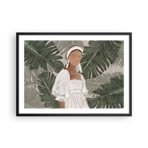 Poster in einem schwarzem Rahmen - Porträt einer Frau in einem weißen Kleid vor einem Hintergrund aus Monstera-Blättern - 70x50cm - Exotisches Porträt - Moderne Wanddekoration für Wohnzimmer und Schlafzimmer ARTTOR