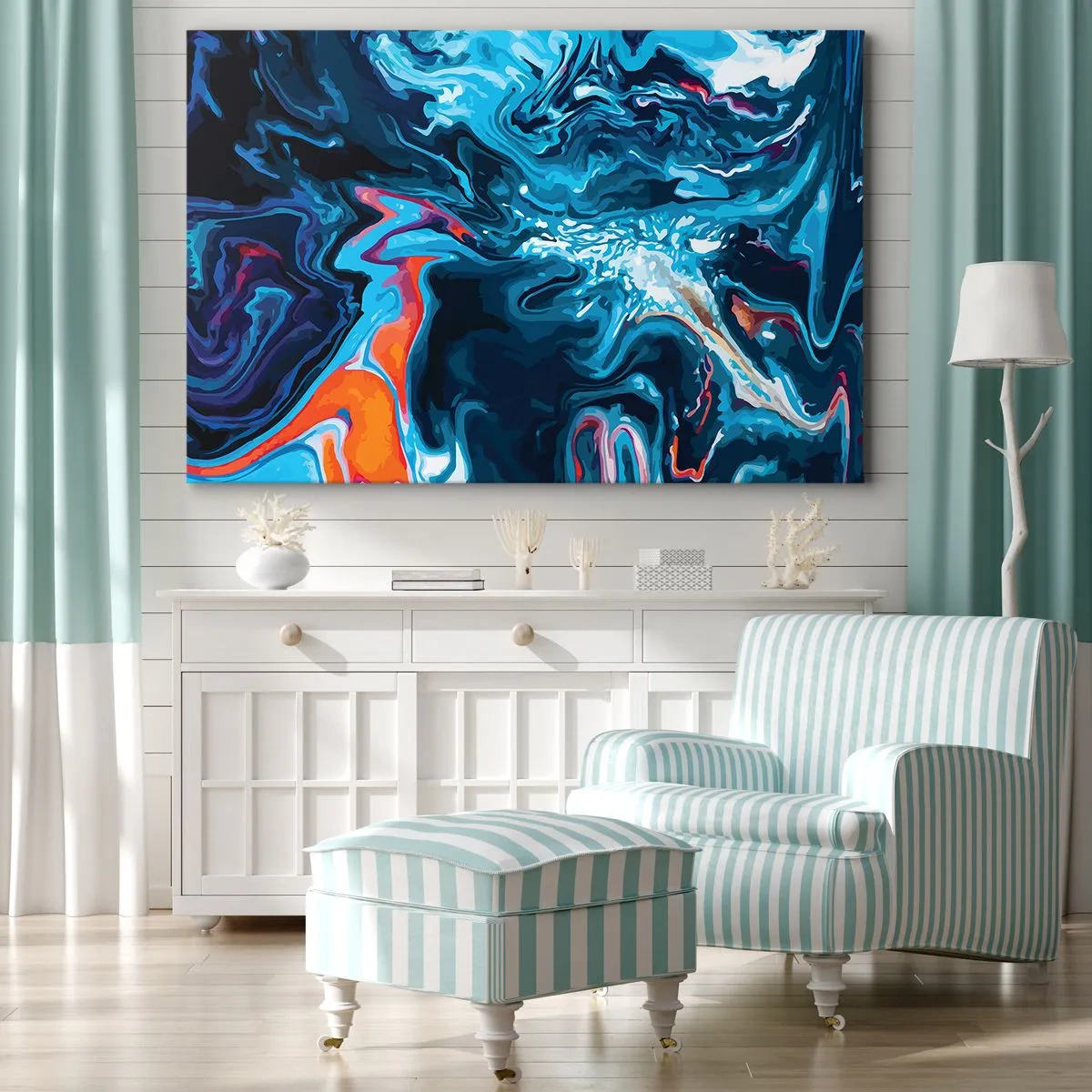 Bild auf Leinwand - Leinwandbild - Ein abstraktes Muster in Blautönen mit orangefarbenen Akzenten. - 70x50cm - Reise ins Zentrum des Himmels - Moderne Wanddekoration für Wohnzimmer und Schlafzimmer ARTTOR